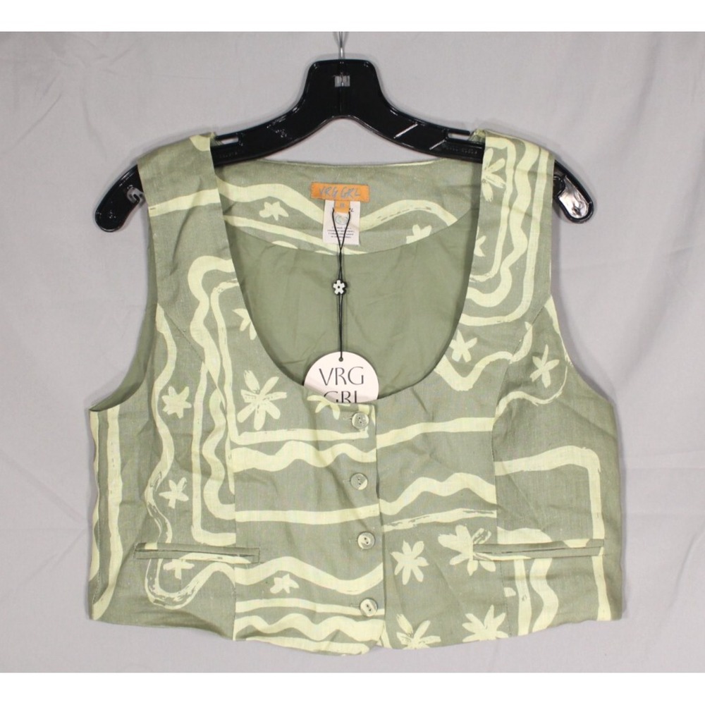 NWT VRG GRL Sage Green LINEN Button-Up Faux Pockets BOHO Cropped TANK TOP Sz 8